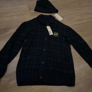 Janie and Jack blue plaid cardigan with hat